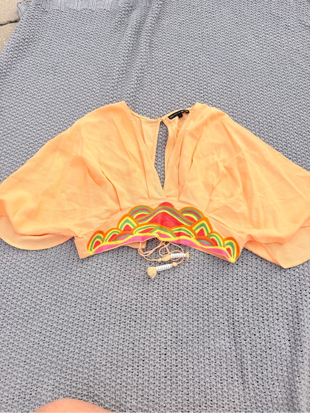 Peach Embroidered Tie-Front Cropped Blouse - Unbranded